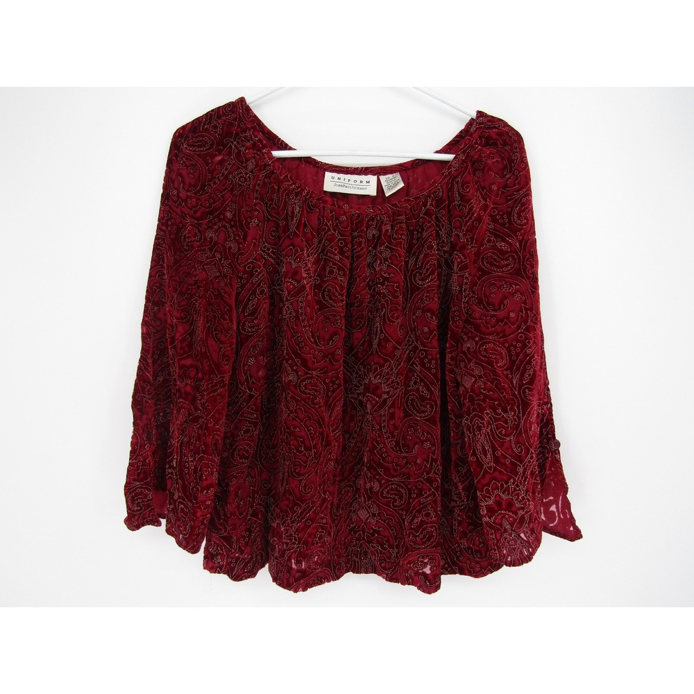 Red Paisley Blouse Medium Velvet Burnout Top Whimsigoth Festive Boho Goth Retro